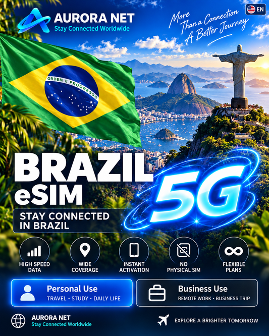 🇺🇸 EN — Aurora Net Brazil eSIM — 5G subject to coverage and compatible device.