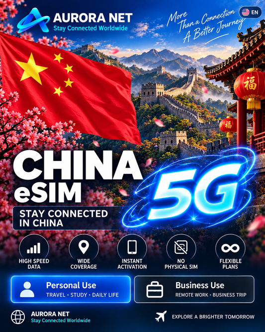 🇺🇸 EN — Aurora Net China eSIM — 5G subject to coverage and compatible device.