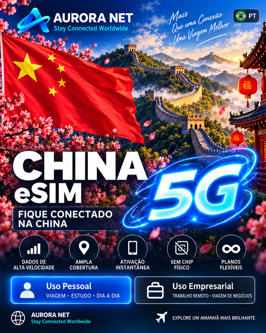🇧🇷 PT — Aurora Net eSIM China — 5G conforme cobertura e aparelho compatível.