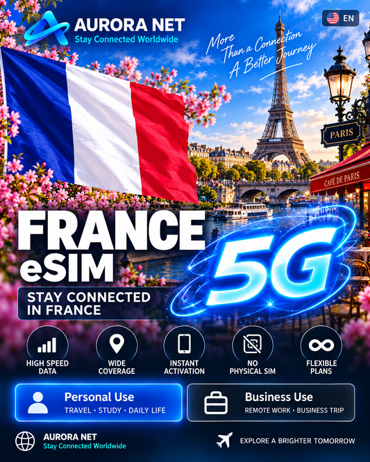 🇺🇸 EN — Aurora Net France eSIM — 5G subject to coverage and compatible device.