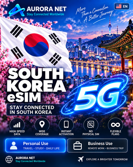 🇺🇸 EN — Aurora Net South Korea eSIM — 5G subject to coverage and compatible device.