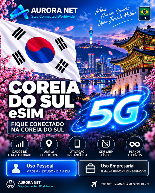 🇧🇷 PT — Aurora Net eSIM Coreia do Sul — 5G conforme cobertura e aparelho compatível.