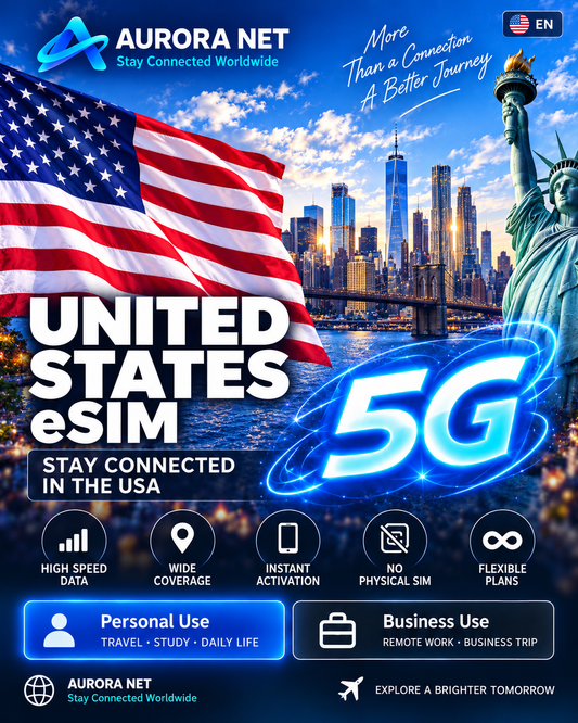 🇺🇸 EN — Aurora Net United States eSIM — 5G subject to coverage and compatible device.