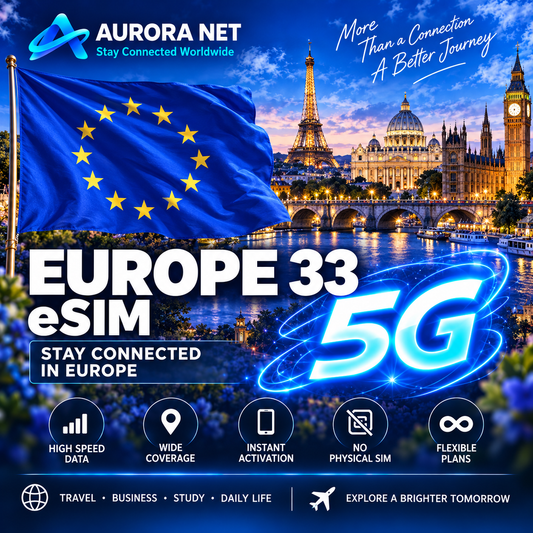 Aurora Net Europe 33 eSIM — bandeira europeia em destaque — 4G/5G conforme destino, rede e aparelho