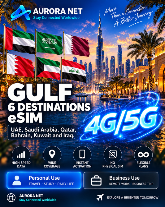 Aurora Net Gulf 6 Destinations eSIM 4G/5G — approved master style