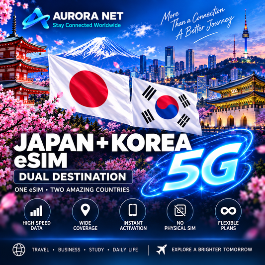 Aurora Net Japan + Korea eSIM — DUAL DESTINATION — 5G conforme cobertura e aparelho compatível