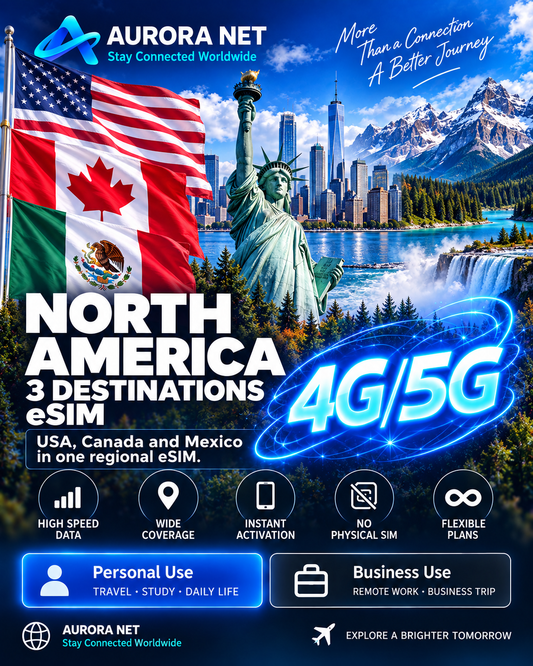 Aurora Net North America 3 Destinations eSIM 4G/5G — approved master style