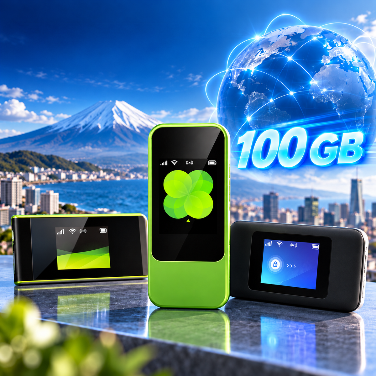 Pocket Wi-Fi 100 GB — três aparelhos, imagem ilustrativa