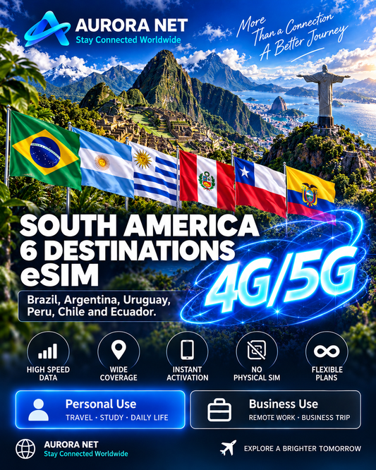 Aurora Net South America 6 Destinations eSIM 4G/5G — approved master style