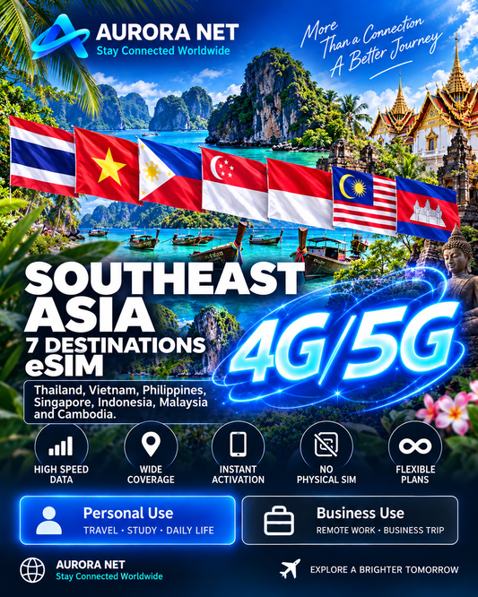 Aurora Net Southeast Asia 7 Destinations eSIM 4G/5G — approved master style