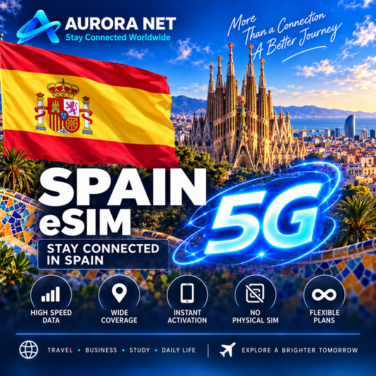 Aurora Net Spain eSIM — bandeira espanhola em destaque, Barcelona e 5G conforme cobertura