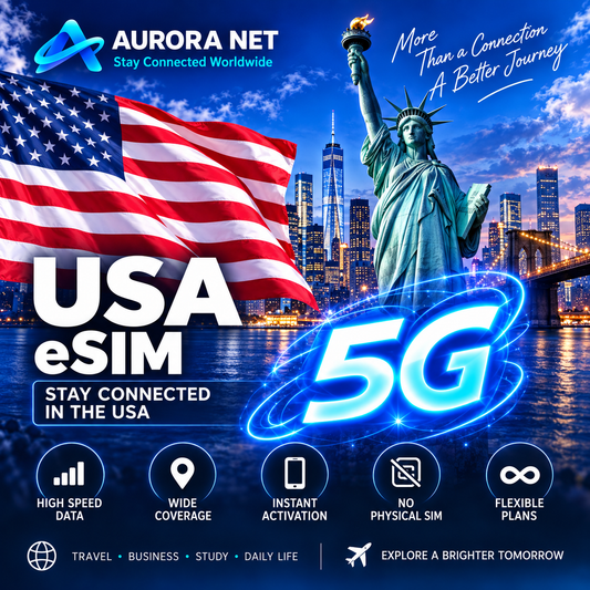 Aurora Net USA eSIM — bandeira americana em destaque e 5G conforme cobertura