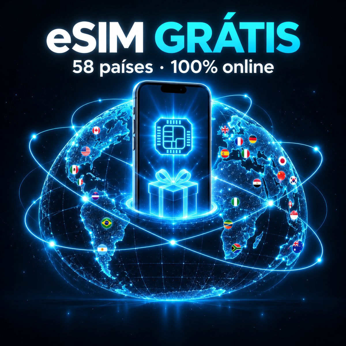 eSIM Grátis — 58 países, 100% online